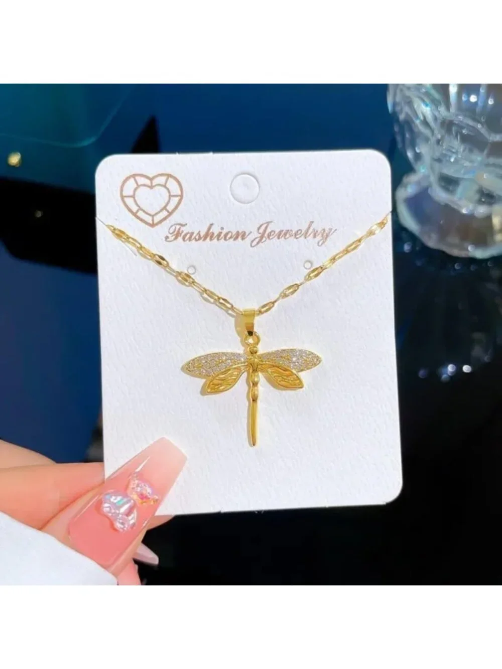 14k Yellow Gold Dragonfly Charm Necklace with Crystal Pendant for Women